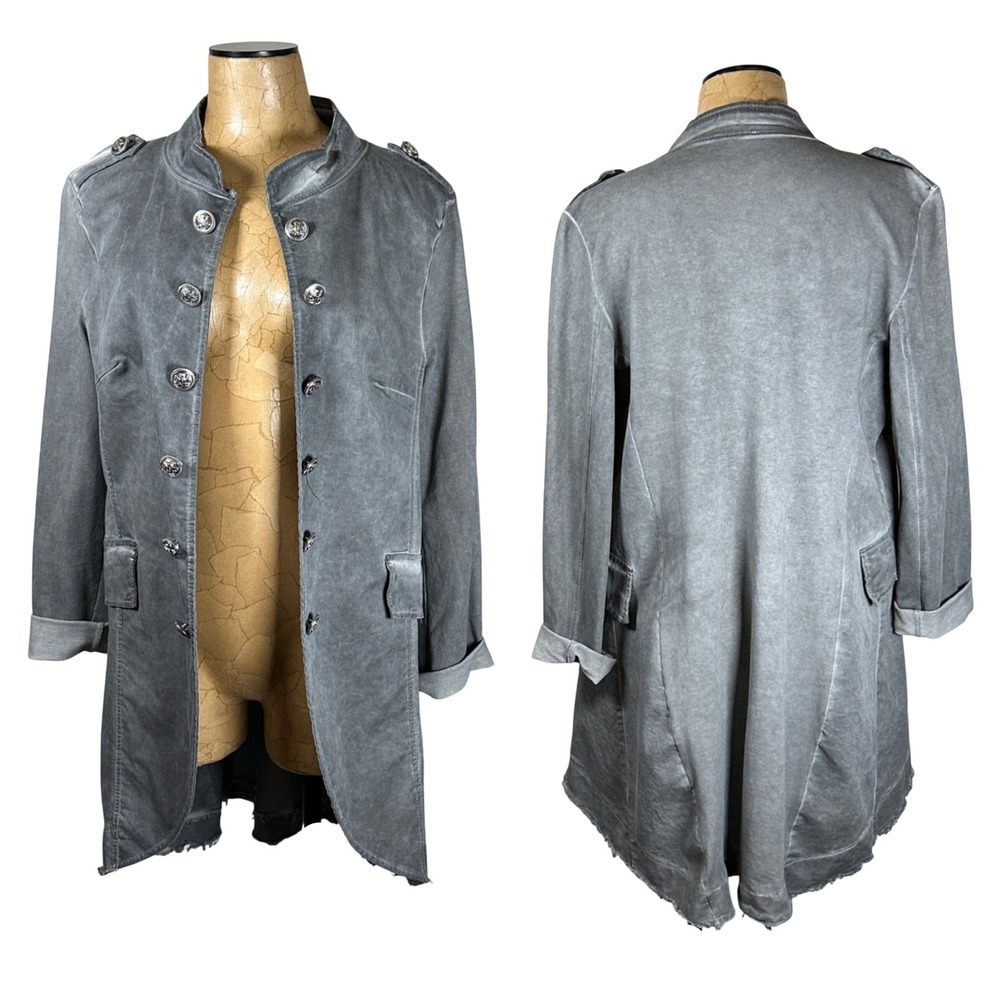 Suzy D Italy‎ Grey Military Jacket Coat XL Distressed High Low Steampunk Goth